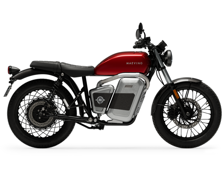 Maeving RM2 two seater motorcycle in Ember Red showing dual passenger seat setup